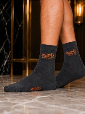 Hermes Dark Gray Crew Socks with Orange Logo Detailing